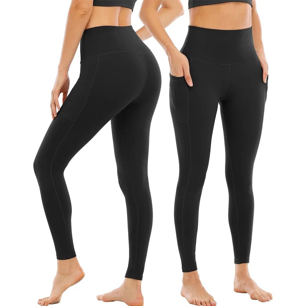 Plus size women's yoga pants by Mandotos International, solid high-waist fitness leggings with pockets, elastic gym tights for running.