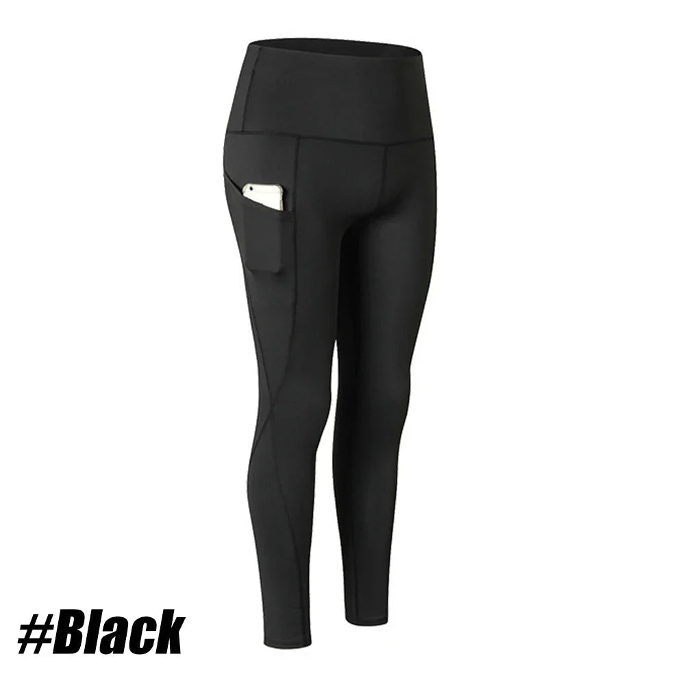 Plus size Mandotos International women's yoga pants with pockets, high waist, elastic fit, solid fitness leggings, suitable for running.