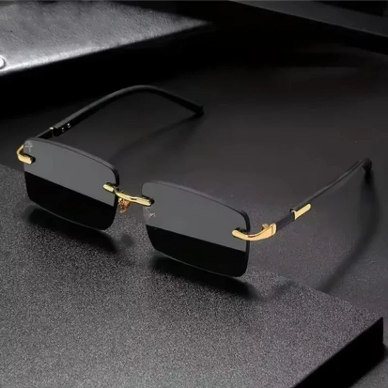 Rimless Y2K rectangle glasses for women and men with retro gradient lenses, UV400 protection, suitable for driving and travel.