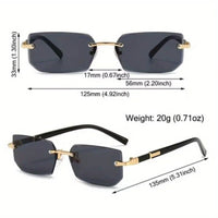 Rimless Y2K style glasses for women and men with retro gradient lenses, frameless rectangle design, UV400 protection.