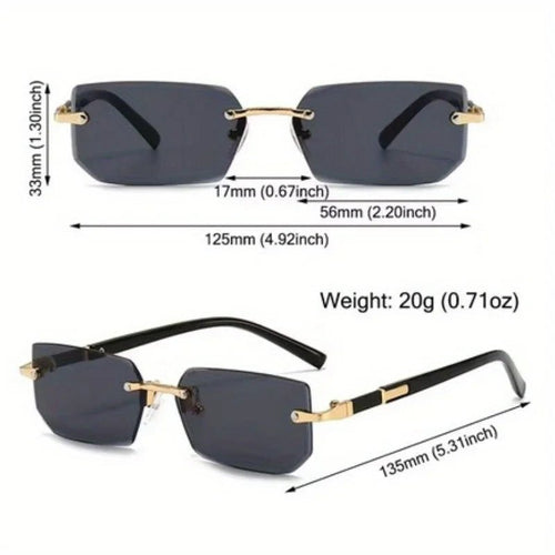 Rimless Y2K style glasses for women and men with retro gradient lenses, frameless rectangle design, UV400 protection.