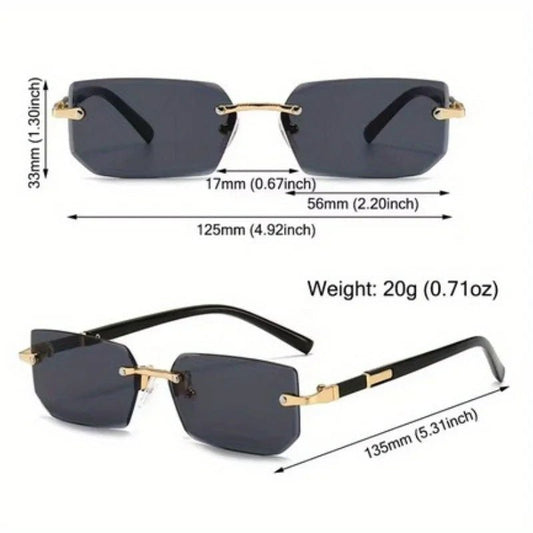 Rimless Y2K style glasses for women and men with retro gradient lenses, frameless rectangle design, UV400 protection.