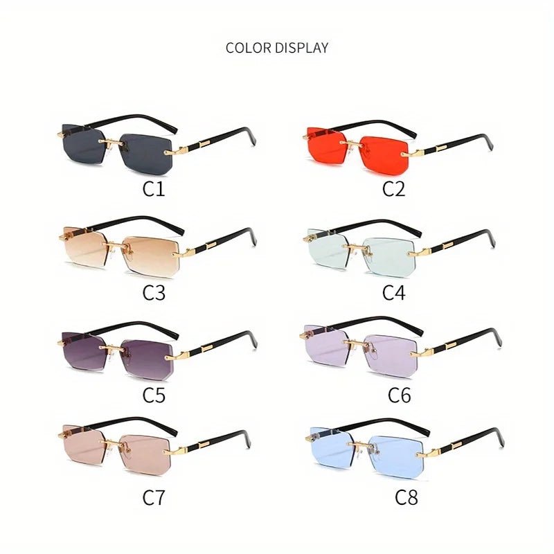 Rimless Y2K rectangular sunglasses for women and men with retro gradient lenses, UV400 protection, ideal for driving and travel.