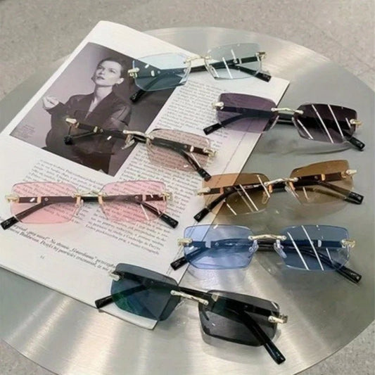 Rimless Y2K style glasses with retro gradient lenses, frameless rectangle design, UV400 protection for women and men.