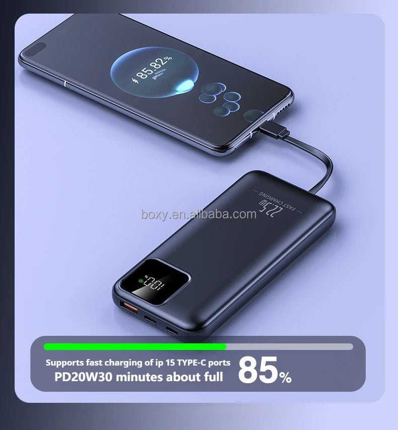MANDOTOS INTERNATIONAL 20000mAh fast charging power bank with digital display and USB port for portable device charging.
