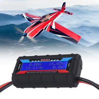 Mandotos International 200A DC LCD Power Analyzer measuring RC battery and solar power with digital display and compact design.
