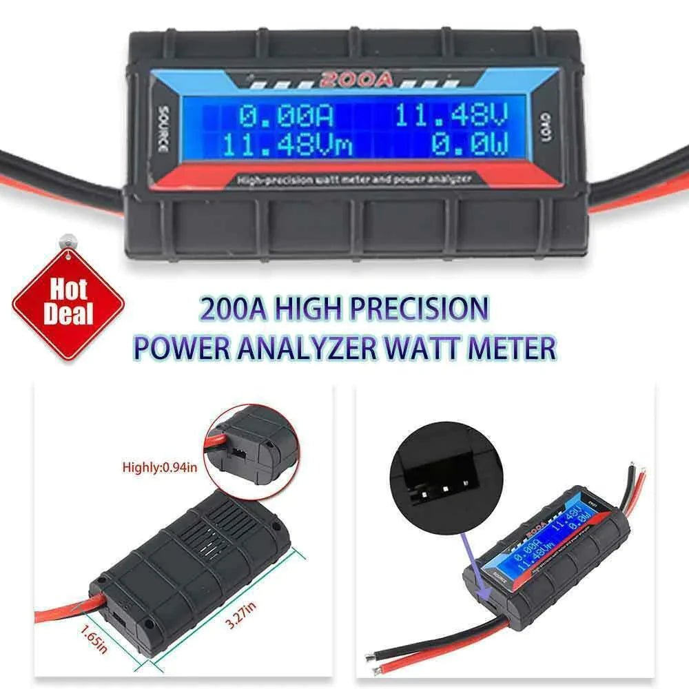 Mandotos International 200A DC LCD Power Analyzer for RC batteries and solar systems, showing digital display and connection ports.