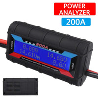 Mandotos International 200A DC LCD Power Analyzer for RC batteries and solar energy systems showing display and connection ports.