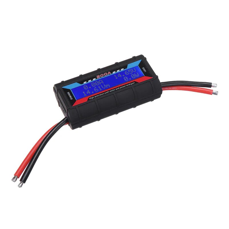 Mandotos International 200A DC LCD Power Analyzer measuring RC battery current and solar power output with digital display.
