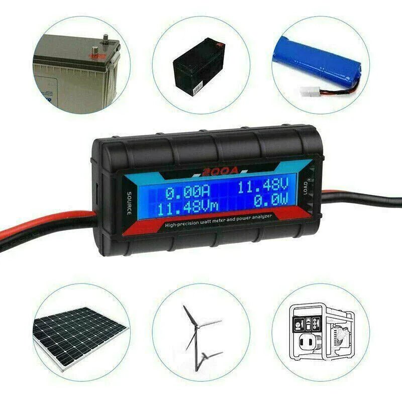 Mandotos International 200A DC LCD Power Analyzer for RC batteries and solar power systems showing digital display and connection ports.