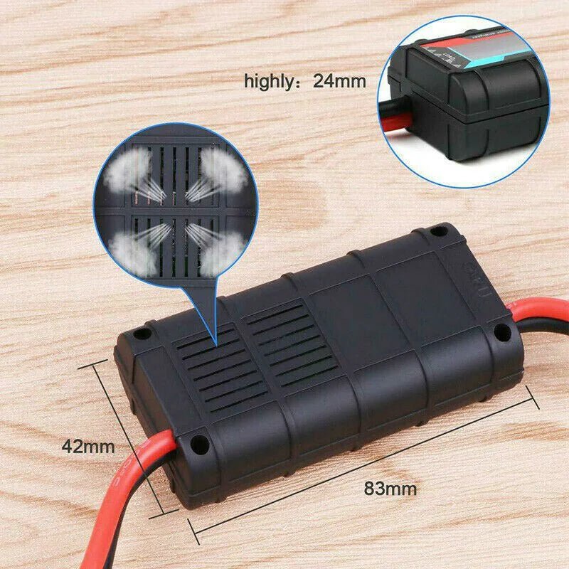 Mandotos International 200A DC LCD Power Analyzer measuring RC battery and solar panel voltage, current, and power output.