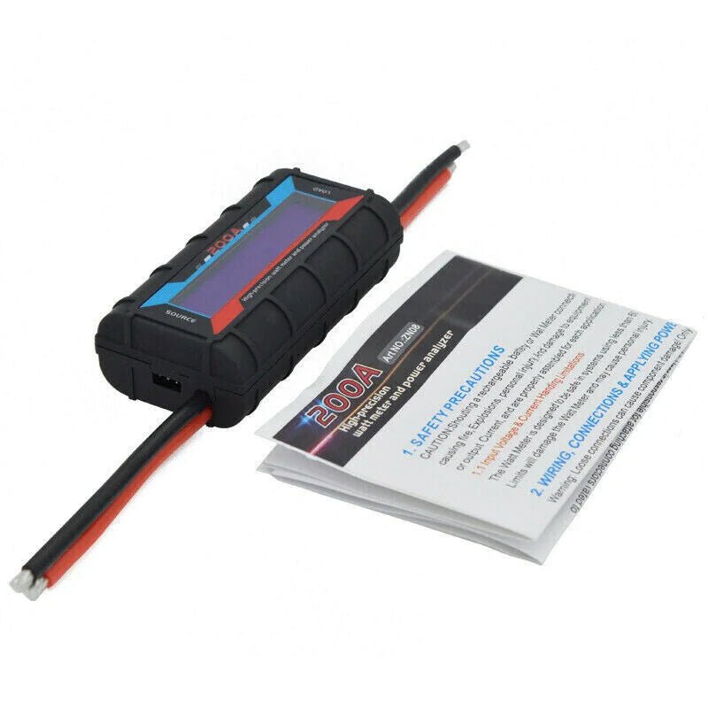 Mandotos International 200A DC LCD Power Analyzer measuring RC batteries and solar power with digital display and control buttons.