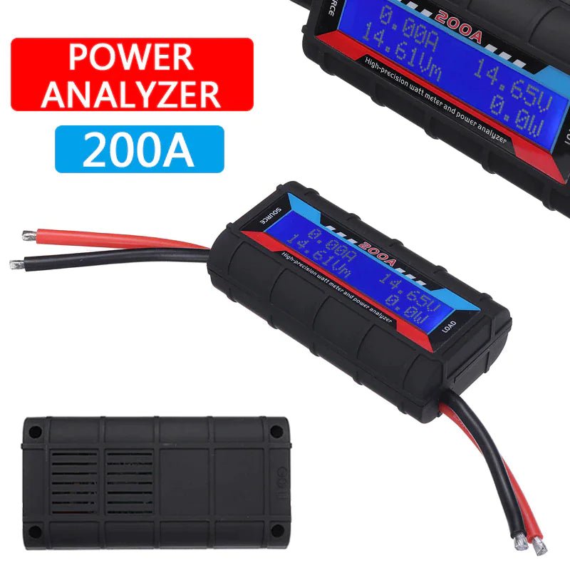 Mandotos International 200A DC LCD Power Analyzer measuring RC battery and solar energy output with digital display.