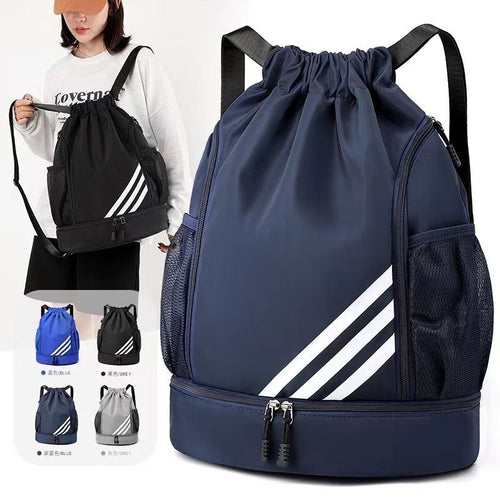 Mandotos International 2024 drawstring backpack with front pocket, large capacity, suitable for outdoor training, travel, and gym use.