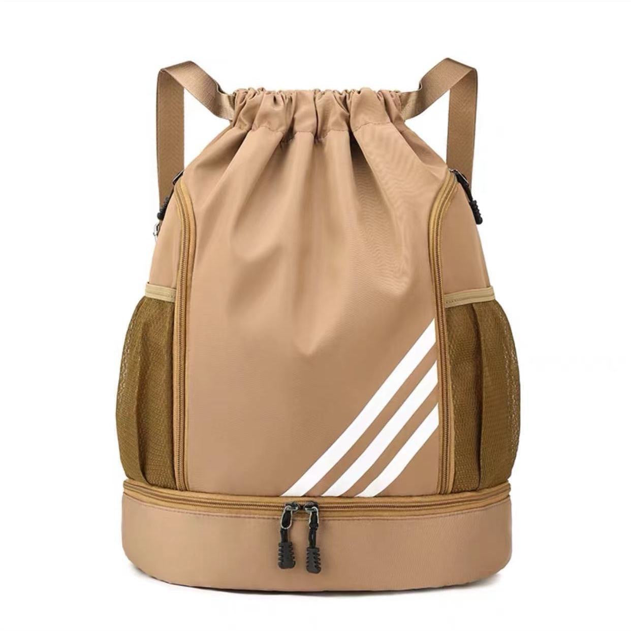 Mandotos International 2024 large capacity drawstring backpack with pocket, suitable for outdoor training, travel, and gym use.
