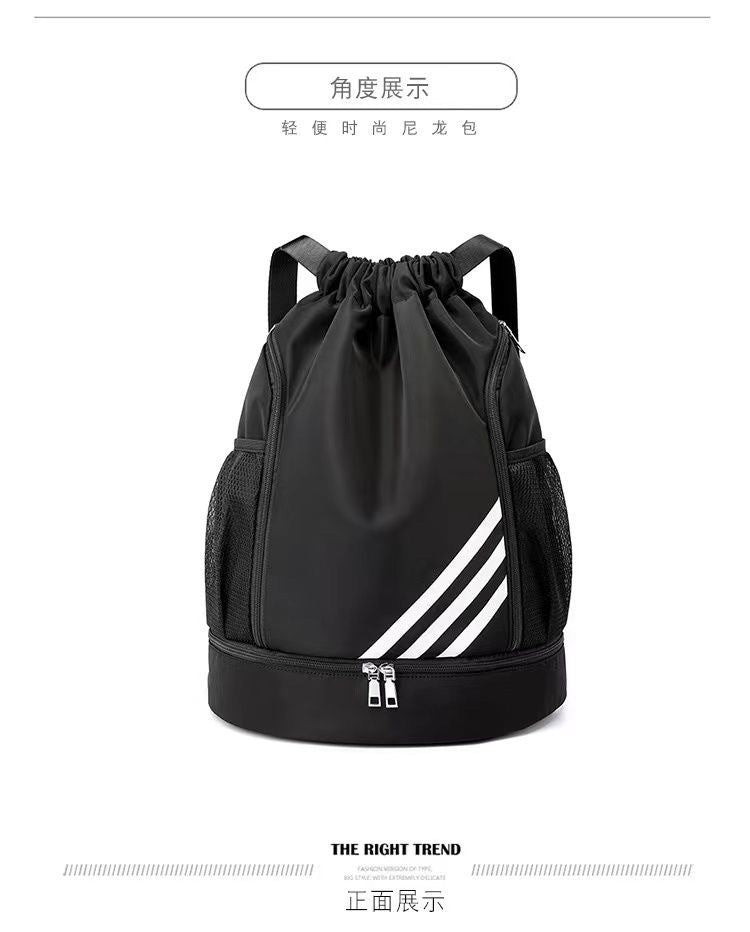 Mandotos International 2024 large capacity drawstring backpack with front pocket, ideal for outdoor training, basketball, travel, and gym use.