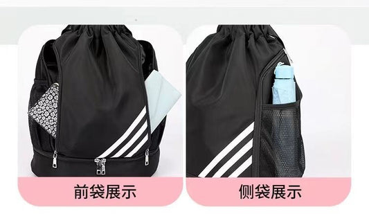 Mandotos International 2024 drawstring backpack with large capacity, outdoor training and basketball pockets, ideal for travel and gym use.