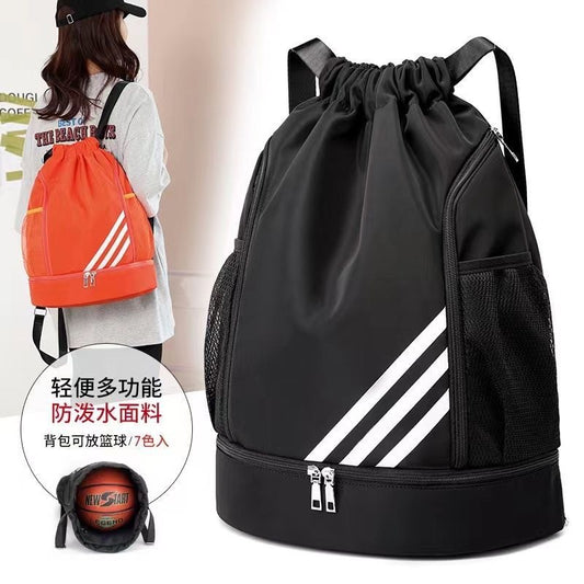 Mandotos International 2024 drawstring backpack with front pocket, large capacity for outdoor training, travel, and gym use.