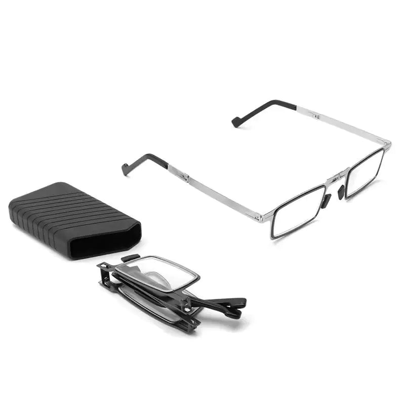 Mandotos International 2024 SleekFold anti-blue light reading glasses with slim black frames and clear lenses.