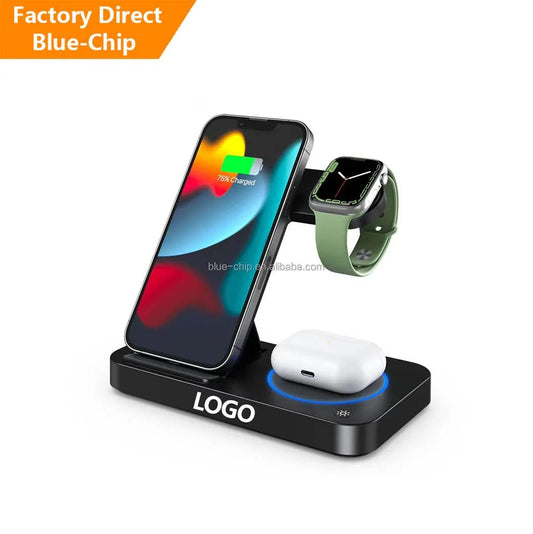 Mandotos International 2025 portable travel charger with triple night light, folding design, wireless fast charging, and magnetic phone pad.