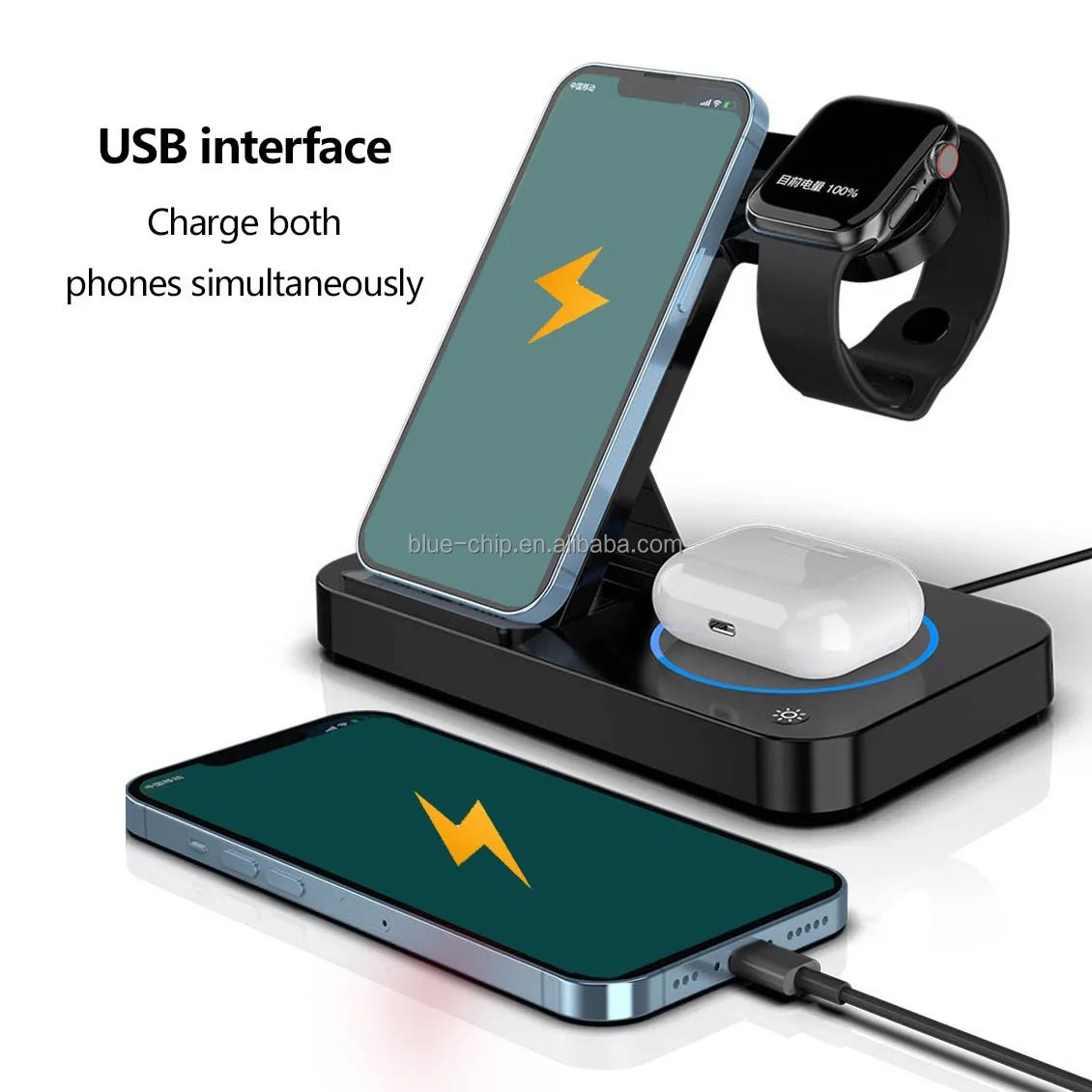 MANDOTOS INTERNATIONAL 2025 portable travel charger with triple night light, 3-in-1 wireless fast charging, folding mobile phone pad.