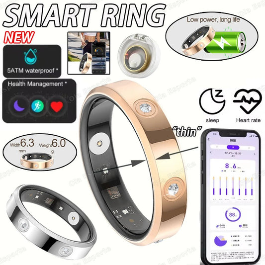 Mandotos 2025 Smart Ring for women and men, 6.3mm narrow band with heart rate, health, stress monitoring, waterproof, fashion sports ring.