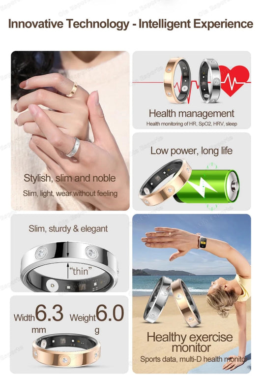 Mandotos 2025 Smart Ring for women and men, 6.3mm narrow, waterproof fitness ring with heart rate and stress monitoring.