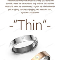 Mandotos International 2025 smart ring for women and men, 6.3mm narrow design, waterproof health and stress monitoring ring.