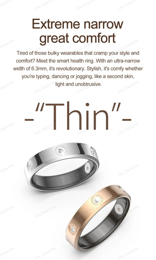 Mandotos International 2025 smart ring for women and men, 6.3mm narrow design, waterproof health and stress monitoring ring.