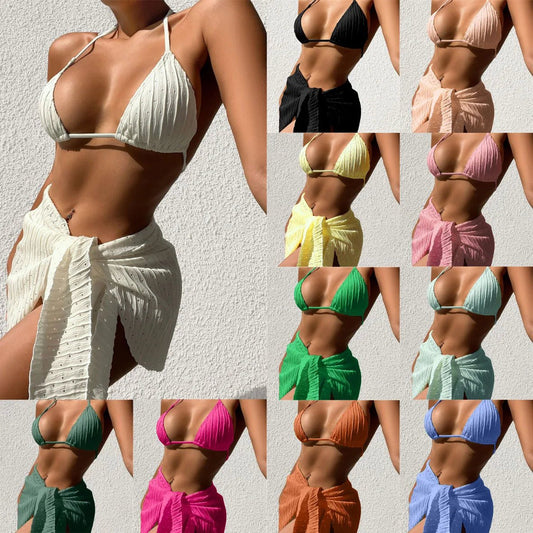 Mandotos International 2026 3pcs girls bikini set with shimmering swimsuit, cover-up dress, and beachwear for swimming and sunbathing.