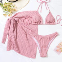 Girls' 2026 3-piece bikini set with shimmering swimsuit and cover-up dress, ideal for beach or poolside fashion by MANDOTOS INTERNATIONAL.