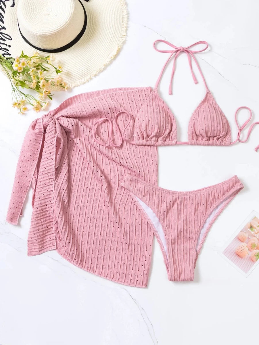 Girls' 2026 3-piece bikini set with shimmering swimsuit and cover-up dress, ideal for beach or poolside fashion by MANDOTOS INTERNATIONAL.