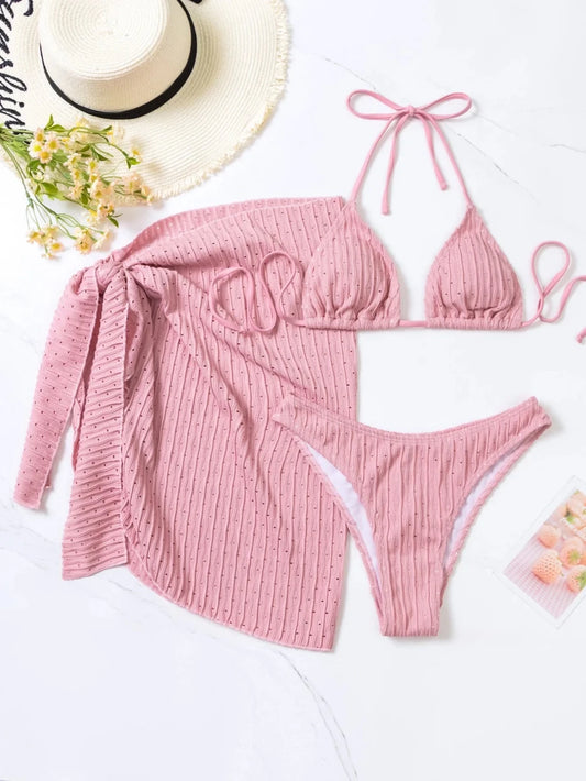 Girls' 2026 3-piece bikini set with shimmering swimsuit and cover-up dress, ideal for beach or poolside fashion by MANDOTOS INTERNATIONAL.
