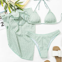Mandotos International 2026 3-piece girls bikini set with a glistening swimsuit, cover-up dress, and beachwear for swimming and sunbathing.