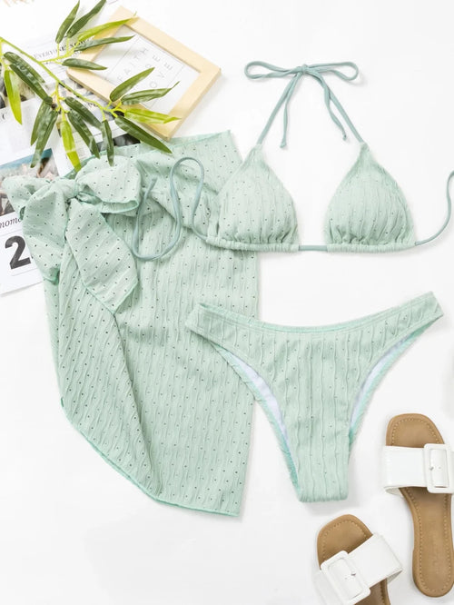 Mandotos International 2026 3-piece girls bikini set with a glistening swimsuit, cover-up dress, and beachwear for swimming and sunbathing.