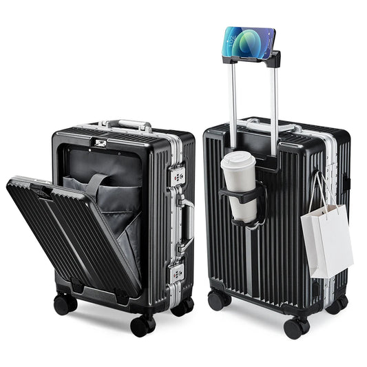 2026 US Warehouse MANDOTOS INTERNATIONAL 20-24 inch zipperless aluminum frame hard shell travel suitcase with front opening design