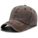 Mandotos International 2027 KJ retro-style denim baseball cap with wide brim, sunshade, duck tongue design, washed light plate finish.