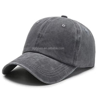 Mandotos International 2027 KJ retro-style denim baseball cap with wide brim, sunshade, duck tongue design, washed light plate finish.