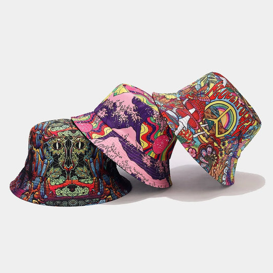Retro graffiti double-sided bucket hat by MANDOTOS INTERNATIONAL, stylish sun hat for women and men, perfect for travel and parties.