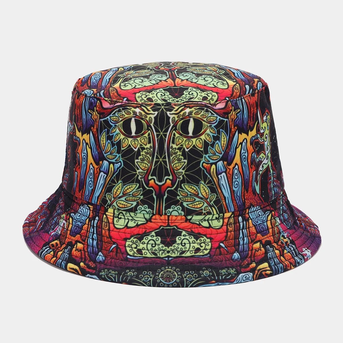 Mandotos International 2027 European American fashion retro graffiti double-sided bucket hat for women and men, ideal for sun and travel.