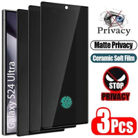 Three matte ceramic privacy screen protectors for Samsung Galaxy smartphones, anti-spy film by MANDOTOS INTERNATIONAL.