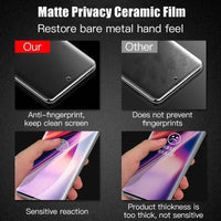 Three matte ceramic privacy screen protectors for Samsung Galaxy smartphones, anti-spy film, by MANDOTOS INTERNATIONAL.