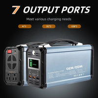 Mandotos International 300W portable solar generator with AC outlet, ideal for camping and travel, compact and lightweight design.