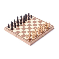 Mandotos International 30x30cm wooden chess set board for travel, includes chess pieces and game accessories.