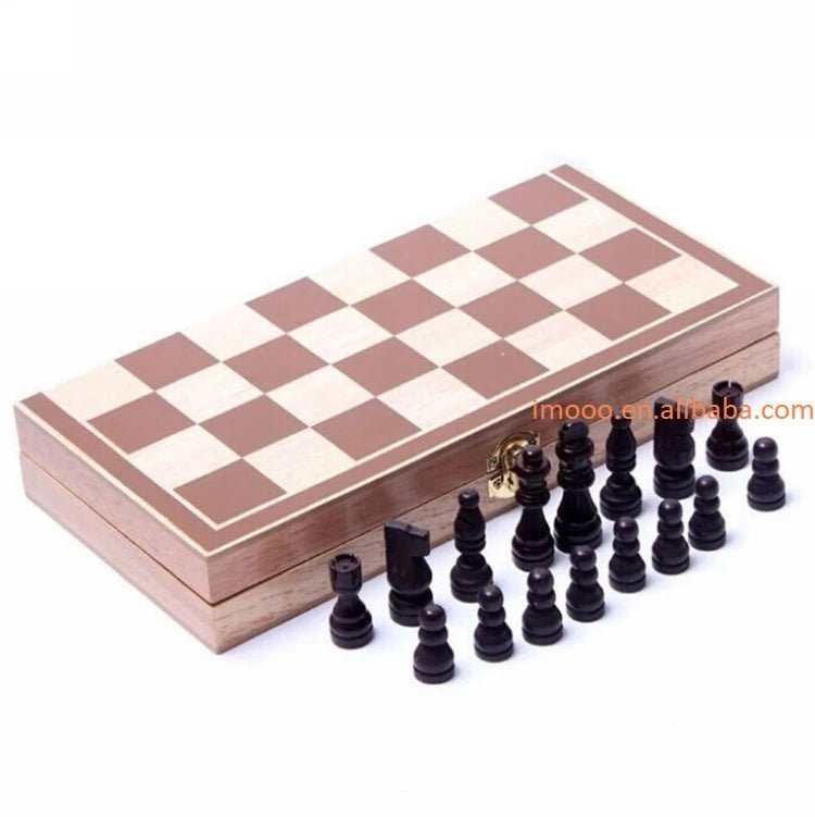 Wooden 30x30cm international chess set board by MANDOTOS INTERNATIONAL for travel and game accessories.