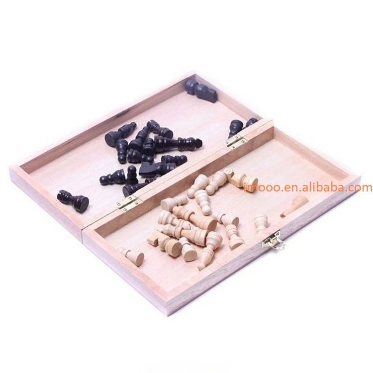 Mandotos International 30x30cm wooden chess set board for travel, includes chess pieces and game accessories.