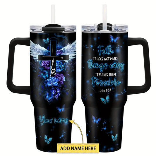 Mandotos International 40 oz stainless steel vacuum travel mug with handle, insulated for hot and cold drinks, outdoor use.