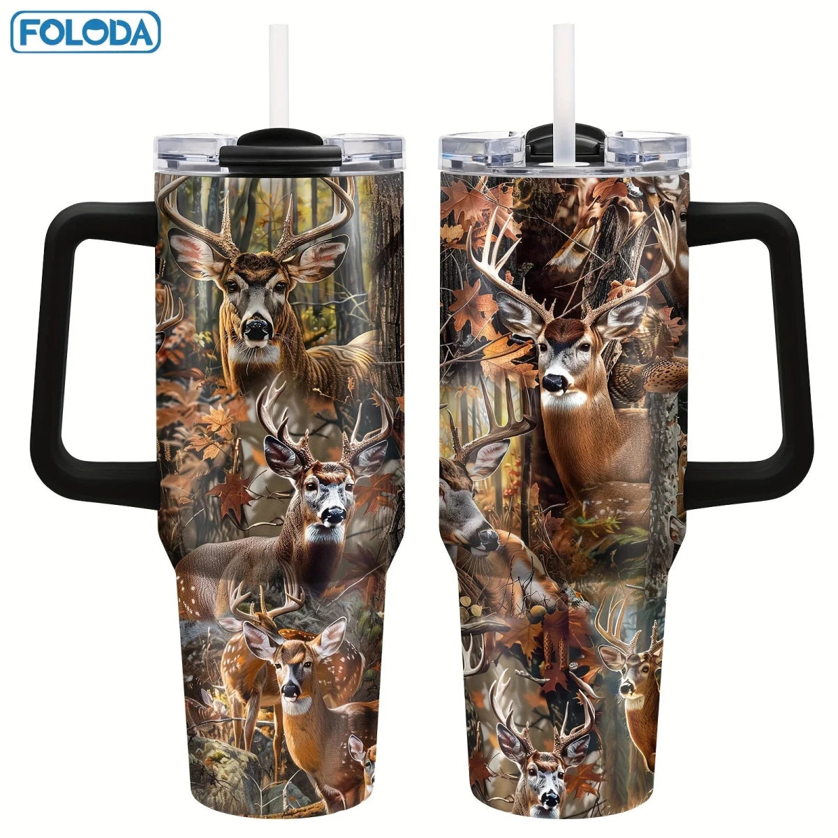 Mandotos International 40 oz stainless steel vacuum travel mug with handle for hot and cold beverages.