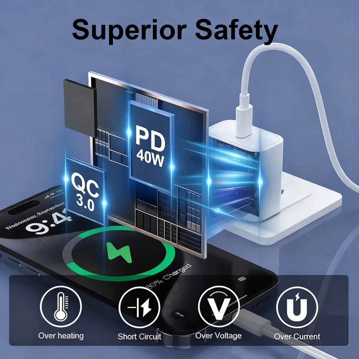 Mandotos International 40W PD fast charger for iPhone 11-16 Pro Max and iPad Air with USB-C and quick charge technology.