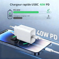 Mandotos International 40W PD fast charger for iPhone 11-16 Pro Max and iPad Air, with USB-C port and quick charge capability.